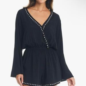 NWT Bar III Tell Me About It Black V-Neck Studded Romper Cover Up Sz Medium